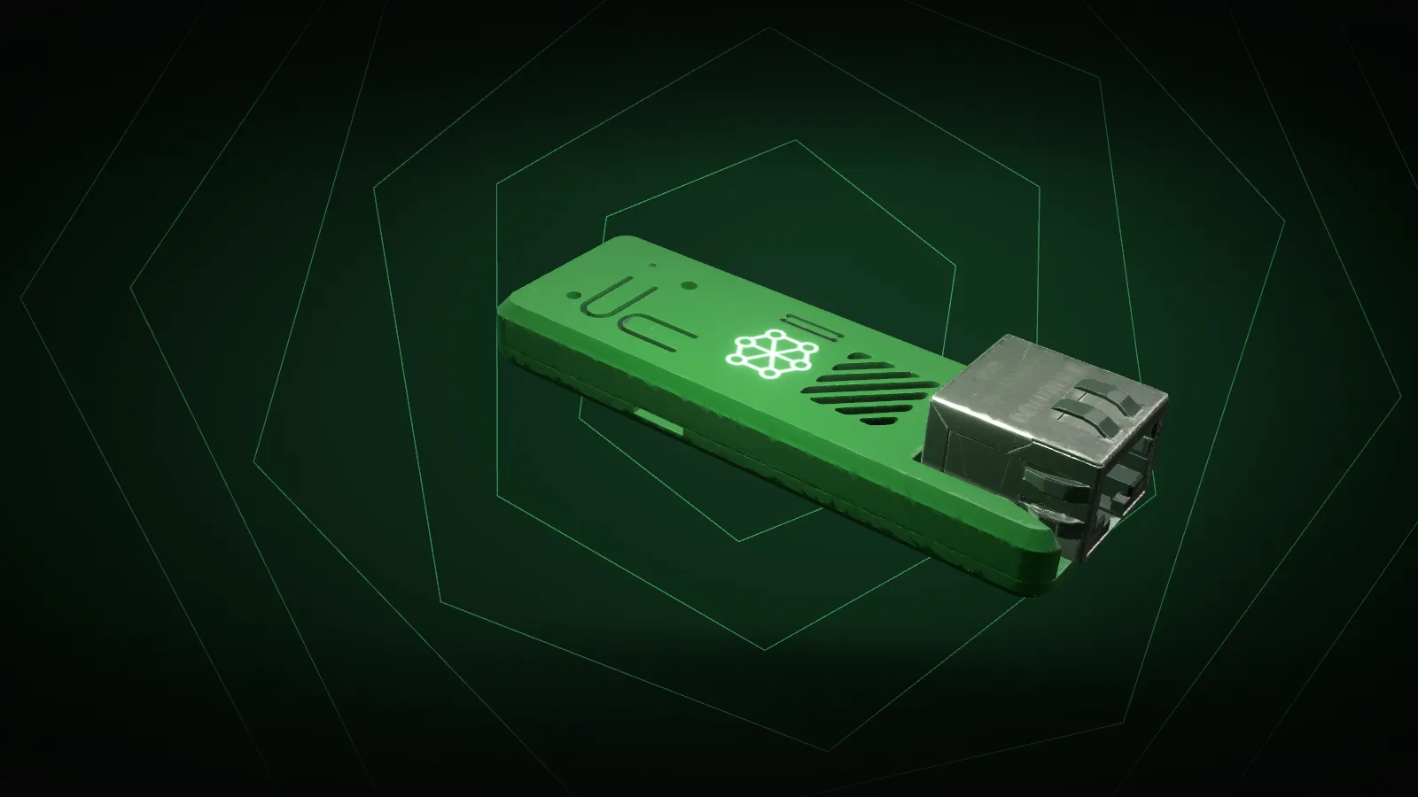 EveryPeer Node hardware: a compact green network appliance with a gigabit Ethernet port and the EveryPeer hex mark on top